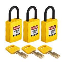 Compact Nylon Padlock Yellow 1" KA 3pk